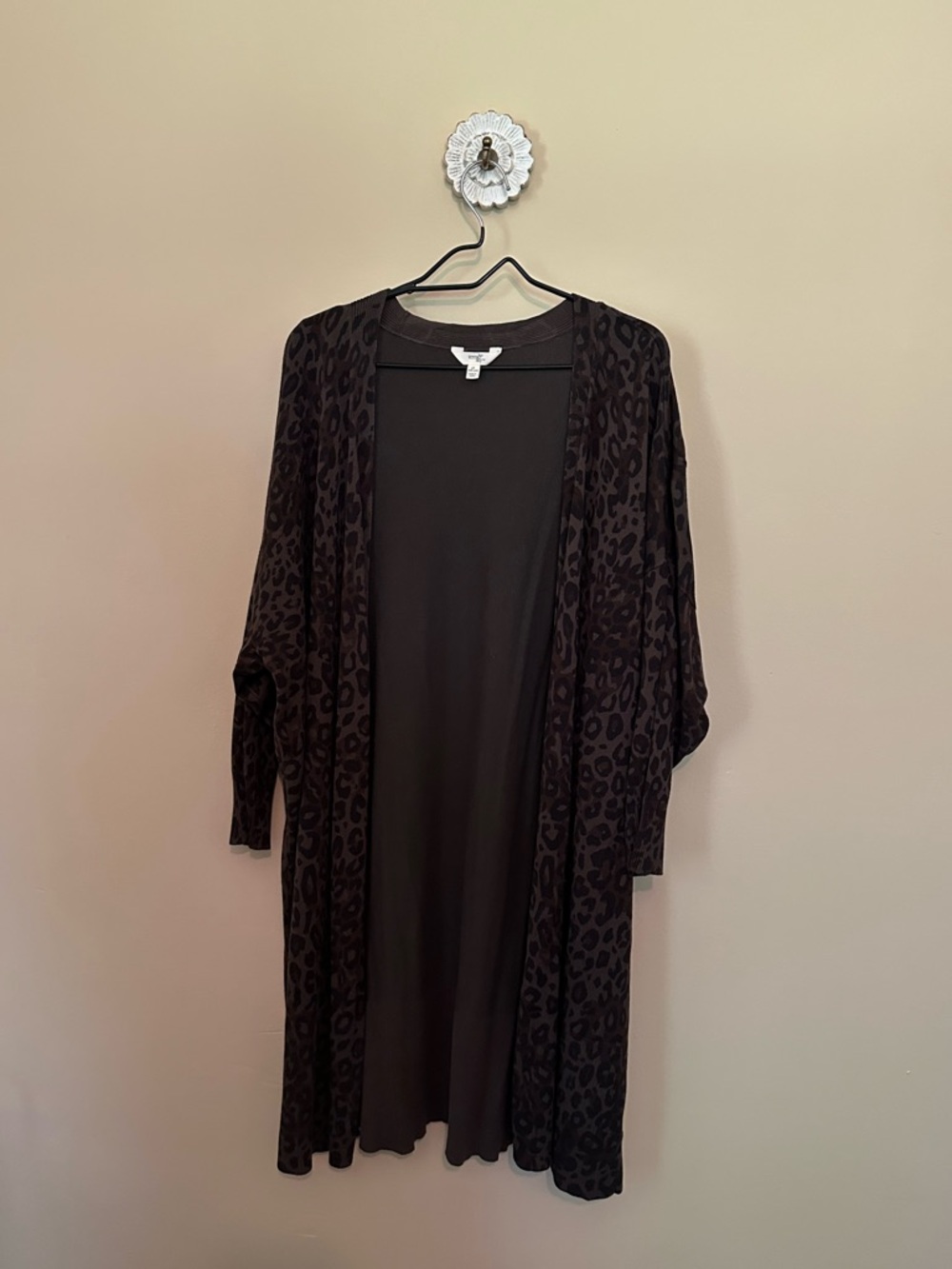 Terra & Sky Black Leopard-Print Long Open Cardigan